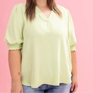 Lime green Airflow V Neck Top with Smocked Puff Sleeves